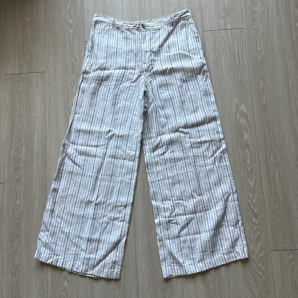 Zoe The Zoe Relaxed Wide Pant in 100% Linen Womens 14 Striped Pockets FLAW